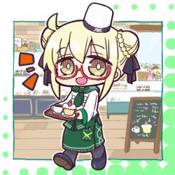 1girl :d apron artoria_pendragon_(fate) black_shoes blonde_hair blush braid brown_eyes chibi coffee commentary_request cup cupcake double_bun fate/grand_order fate_(series) food green_apron grey_pants hair_between_eyes hair_bun halftone halftone_background hat holding holding_tray kasuga_yuuki looking_at_viewer menu_board mysterious_heroine_xx_alter_(fate) notice_lines open_mouth pants red-framed_eyewear saucer semi-rimless_eyewear shirt shoe_soles shoes smile solo tray under-rim_eyewear waist_apron walking white_hat white_shirt wooden_floor