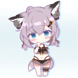 Rule 34 | 1girl, ahoge, animal ear fluff, animal ears, arknights, arm behind back, bare shoulders, barefoot, bikini, black bikini, blue eyes, blush stickers, chibi, closed mouth, fox ears, fox girl, fox tail, full body, grey hair, hair between eyes, hair ornament, hairclip, hand up, highres, low twintails, navel, official alternate costume, rebaa, see-through, short twintails, solo, standing, sussurro (arknights), swimsuit, tail, twintails