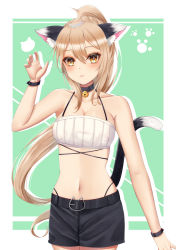 Rule 34 | 1girl, absurdres, alternate costume, animal ears, animal print, arm up, armpits, ayanami (azur lane), azur lane, bare shoulders, bell, belt, black skirt, breasts, camisole, cat ears, cat print, cat tail, cleavage, collarbone, commentary request, hair between eyes, headgear, highres, kemonomimi mode, konparu uran, light brown hair, long hair, looking at viewer, midriff, navel, neck bell, orange eyes, ponytail, sidelocks, simple background, skirt, solo, tail, two-tone background, waving, white camisole, wristband