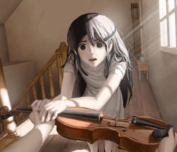 Rule 34 | 1boy, 1girl, absurdres, alavyx, black eyes, black hair, brother and sister, child, colored skin, dress, facing viewer, highres, holding, holding instrument, holding violin, indoors, instrument, long hair, looking at viewer, mari (omori), omori, pov, siblings, spoilers, stairs, sunny (omori), violin, white dress, white skin, window