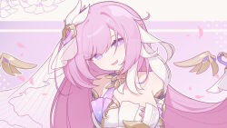 Rule 34 | :d, bare shoulders, breasts, brooch, cleavage, detached sleeves, elf, elysia (herrscher of human:ego) (honkai impact), elysia (honkai impact), eta, falling petals, flower, hair between eyes, hair ornament, heart, heart brooch, highres, honkai (series), honkai impact 3rd, jewelry, long hair, looking at viewer, open mouth, petals, pink eyes, pink hair, pink pupils, pointy ears, shirt, smile, triquetra, two-tone background, very long hair, white shirt, white veil