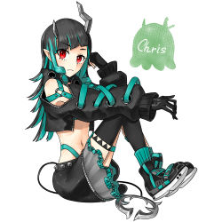 Rule 34 | 1girl, nanashi inc., absurdres, belt, black footwear, black gloves, black hair, black jacket, black skirt, black thighhighs, blue belt, blue hair, blue socks, blunt bangs, breasts, character name, chest belt, closed mouth, clothing cutout, commentary request, cropped jacket, cross-laced clothes, cross-laced sleeves, demon girl, demon horns, demon tail, engacyo (engacyo39800yen), expressionless, fangs, full body, gloves, grey skirt, highres, horns, jacket, layered skirt, long hair, long sleeves, looking at viewer, midriff, multicolored hair, navel, pointy ears, red eyes, shishio chris, shoes, shoulder cutout, simple background, single thighhigh, sitting, skin fangs, skirt, small breasts, sneakers, socks, solo, sugar lyric, tail, thighhighs, two-tone hair, virtual youtuber, white background, zipper skirt
