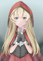 Rule 34 | 1girl, abukuma (kancolle), black corset, black gloves, blonde hair, blue eyes, blush, buttons, cape, capelet, closed mouth, collared shirt, corset, cosplay, flower, gloves, grey gloves, hair between eyes, halloween costume, highres, holding, holding flower, hood, hood up, hooded cape, hooded capelet, kantai collection, koru pera, little red riding hood, little red riding hood (grimm), little red riding hood (grimm) (cosplay), long hair, looking at viewer, official alternate costume, official alternate hairstyle, pink flower, red cape, red capelet, red hood, shirt, short sleeves, smile, solo, upper body, white shirt