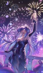 Rule 34 | 1girl, absurdres, aerial fireworks, alcohol, armpits, balcony, black dress, breasts, celebration, champagne, cleavage, closed eyes, collarbone, cup, dragoon (selen tatsuki), dress, earrings, elbow gloves, facing viewer, fireworks, flower, gloves, hair flower, hair ornament, hairclip, head wings, highres, holding, holding cup, jewelry, long hair, medium breasts, necklace, night, night sky, nijisanji, nijisanji en, papercider, pearl necklace, ponytail, purple hair, selen tatsuki, sky, star (sky), strapless, strapless dress, teeth, toasting (gesture), upper teeth only, virtual youtuber, wings