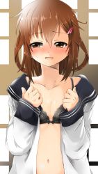 Rule 34 | 10s, 1girl, bad id, bad pixiv id, black bra, blush, bow, bow bra, bra, breasts, brown eyes, brown hair, cleavage, collarbone, fang, full-face blush, hair ornament, hairclip, highres, ikazuchi (kancolle), kantai collection, lace, lace-trimmed bra, lace trim, navel, open clothes, open mouth, open shirt, school uniform, serafuku, shiny skin, shirt, small breasts, solo, sweat, toichi, underwear, wavy mouth