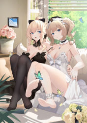 Rule 34 | 2girls, absurdres, arm around waist, barbara (genshin impact), bare shoulders, black dress, black legwear, blonde hair, blue butterfly, blue eyes, breasts, bug, butterfly, choker, cleavage, closed mouth, couch, crossed ankles, detached collar, dress, feet, flower, foot focus, frilled choker, frills, full body, genshin impact, hair ribbon, hat, heiyizhushenxia, highres, hug, incest, indoors, insect, jean (genshin impact), jewelry, knees up, large breasts, looking at another, looking at viewer, medium breasts, multiple girls, necklace, no shoes, on couch, open mouth, pantyhose, pink flower, pink rose, plant, ponytail, potted plant, ribbon, rose, siblings, sideways glance, sisters, sitting, strap slip, strapless, strapless dress, thighs, twintails, white dress, white legwear, window, yellow flower, yuri