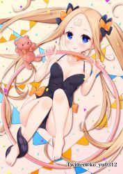 Rule 34 | 1girl, :p, abigail williams (fate), abigail williams (welcome to the travelling circus!) (fate), ass, bare shoulders, barefoot, black bow, blonde hair, blue eyes, blush, bow, bowtie, breasts, cameltoe, closed mouth, collarbone, commentary request, confetti, crossed bandaids, fate/grand order, fate (series), feet, flag, forehead, from above, full body, hair between eyes, hair ornament, highleg, highleg leotard, highres, hoop, hula hoop, ko yu, legs up, leotard, long hair, looking at viewer, lying, official alternate costume, on back, open mouth, orange bow, parted bangs, polka dot, polka dot bow, small breasts, solo, stuffed animal, stuffed toy, teddy bear, tentacles, tongue, tongue out, twintails, twitter username, very long hair, welcome to the travelling circus!