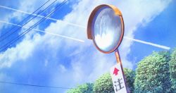 Rule 34 | absurdres, arrow (symbol), blue sky, cloud, color creation, commentary request, highres, no humans, original, outdoors, power lines, reflection, scenery, sky, traffic mirror, translation request