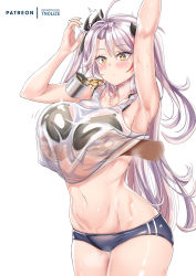Rule 34 | 1girl, antenna hair, armpits, arms up, azur lane, bare shoulders, bikini, black bikini, black bow, blush, bow, breasts, close-up, cup, disembodied limb, from behind, grabbing, grabbing another&#039;s breast, hair bow, highres, large breasts, long hair, looking at viewer, military, military vehicle, motor vehicle, multicolored hair, prinz eugen (azur lane), see-through, shirt, short hair, silver hair, simple background, solo focus, streaked hair, swimsuit, tank, tank top, thighs, tnolize, two side up, wet, wet clothes, wet shirt, white background, white shirt, white tank top