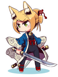 Rule 34 | 1girl, 7th dragon, 7th dragon (series), animal ear fluff, animal ears, bell, black bodysuit, blonde hair, bodysuit, breasts, commentary request, covered navel, fox ears, green eyes, head tilt, holding, holding sheath, holding sword, holding weapon, jingle bell, katana, long sleeves, looking away, looking to the side, naga u, namuna (7th dragon), red footwear, samurai (7th dragon), samurai (7th dragon), shadow, sheath, shoes, sidelocks, small breasts, solo, standing, swept bangs, sword, unsheathed, v-shaped eyebrows, weapon, white background, wide sleeves