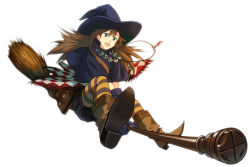 Rule 34 | 1girl, boots, broom, broom riding, brown hair, edo umi, green eyes, happy, hat, jewelry, long hair, necklace, open mouth, original, pantyhose, simple background, smile, solo, striped clothes, striped pantyhose, white background, witch, witch hat