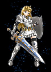 Rule 34 | 10s, 1girl, armor, armored boots, armored dress, warrior of light (ff14), blonde hair, blue eyes, boots, earrings, faintxp, final fantasy, final fantasy xiv, gauntlets, hyur, jewelry, knight, long hair, original, paladin, shield, solo, sword, weapon