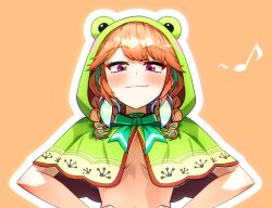 Rule 34 | 1girl, animal hood, aqua choker, braid, breasts, capelet, closed mouth, commentary, ddolbang, eighth note, english commentary, frog hood, green capelet, green hair, hair flaps, hands on own hips, highres, hololive, hololive english, hood, hood up, hooded capelet, long hair, looking at viewer, low twin braids, low twintails, medium breasts, multicolored hair, musical note, official alternate costume, official alternate hairstyle, orange background, orange hair, purple eyes, smile, smirk, smug, solo, streaked hair, swept bangs, takanashi kiara, takanashi kiara (casual), topless, twin braids, twintails, virtual youtuber