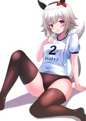 Rule 34 | 1girl, :p, absurdres, animal ears, arm support, black hairband, blush, bow, breasts, brown buruma, brown thighhighs, buruma, closed mouth, commentary request, ear bow, feet out of frame, grey hair, gym shirt, gym uniform, hair between eyes, hairband, highres, horse ears, horse girl, horse tail, knee up, no shoes, puffy short sleeves, puffy sleeves, purple eyes, red bow, shadow, shibakame, shirt, short sleeves, small breasts, smile, solo, tail, thighhighs, thighs, tongue, tongue out, umamusume, white background, white shirt