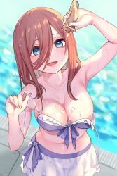 Rule 34 | 1girl, :d, aibon, arm up, armpits, bare shoulders, bikini, bikini skirt, blue eyes, blush, breasts, brown hair, cleavage, collarbone, cowboy shot, day, from above, go-toubun no hanayome, hair between eyes, highres, holding, large breasts, light rays, long hair, looking at viewer, looking up, lotion, lotion bottle, nakano miku, navel, nipple slip, nipples, open mouth, outdoors, pool, purple bikini, skirt, smile, solo, suggestive fluid, swimsuit, untied bikini, water, white skirt