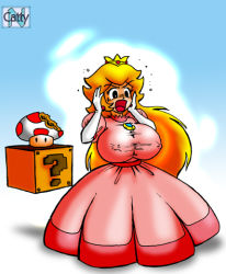Rule 34 | 1girl, blonde hair, breast expansion, breasts, crown, dress, elbow gloves, covered erect nipples, gloves, huge breasts, impossible clothes, impossible shirt, long hair, lowres, mario (series), mushroom, nintendo, open mouth, pink dress, princess peach, shirt, solo, super mario bros. 1, surprised