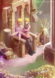 Rule 34 | 1boy, 1girl, anklet, artoria pendragon (fate), axe, barefoot, blonde hair, earrings, fate/zero, fate (series), gilgamesh (fate), gold, green eyes, highres, jewelry, long legs, necklace, s87074877, saber (fate), sitting, throne, toga, treasure, weapon