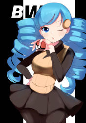 Rule 34 | 1girl, ;o, ace trainer (pokemon), black background, blue eyes, blue hair, creatures (company), drill hair, game freak, hair ornament, hand on own hip, highres, holding, holding poke ball, leggings, long sleeves, looking at viewer, nintendo, one eye closed, open mouth, poke ball, pokemon, pokemon bw, skirt, solo, twin drills, umiru, white background