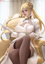Rule 34 | black thighhighs, blonde hair, blue eyes, breasts, chair, collar, crossed legs, gloves, indoors, large breasts, long hair, nier (series), nier:automata, parted lips, sade abyss, signature, sitting, skindentation, thighhighs, weapon, commander (nier:automata), zettai ryouiki