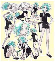 Rule 34 | 1other, :d, all fours, amputee, androgynous, aqua hair, bare arms, bare legs, barefoot, black footwear, black necktie, black shorts, clipboard, crystal hair, excited, facing away, frown, gem uniform (houseki no kuni), highres, holding, houseki no kuni, hugging own legs, itabasami, jumping, kneeling, knees up, looking at viewer, lying, multiple views, necktie, on side, open mouth, other focus, own hands together, phosphophyllite, pout, puffy short sleeves, puffy sleeves, robe, running, sad, shards, short hair, short sleeves, shorts, sitting, sleepwear, smile, smug, sprout, standing, struggling, suspender shorts, suspenders, top-down bottom-up, translucent hair, white robe, yellow background, yokozuwari