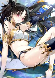 Rule 34 | 1girl, anklet, armlet, bikini, black hair, black thighhighs, blue sky, blush, bracelet, breasts, detached sleeves, earrings, fate/grand order, fate (series), gold trim, hair ribbon, heavenly boat maanna, highres, hoop earrings, ishtar (fate), jewelry, kino kokko, long hair, looking at viewer, medium breasts, mismatched bikini, navel, neck ring, open mouth, parted bangs, red eyes, ribbon, single detached sleeve, single thighhigh, sky, solo, swimsuit, thighhighs, thighlet, thighs, tiara, two side up