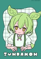 Rule 34 | 1girl, :3, blush stickers, brown eyes, character name, closed mouth, commentary, dated, green background, green hair, hair between eyes, head tilt, highres, long hair, looking at viewer, neki (wakiko), puffy short sleeves, puffy sleeves, shirt, short sleeves, solo, suspenders, twitter username, upper body, v-shaped eyebrows, voicevox, white shirt, zundamon
