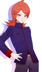 Rule 34 | 1boy, absurdres, belt buckle, black shirt, buckle, commentary request, cowboy shot, creatures (company), frown, game freak, hand on own hip, highres, jacket, long hair, long sleeves, looking at viewer, male focus, nintendo, okuro zmzm, orange hair, pants, parted bangs, parted lips, pokemon, pokemon hgss, purple eyes, purple jacket, shirt, silver (pokemon), solo