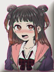Rule 34 | 1girl, aoi kasane, arms at sides, black hair, blazer, blunt bangs, blush, bow, bowtie, chromatic aberration, collared shirt, cropped shoulders, fang, gradient hair, hair rings, highres, hood, hood down, hoodie, jacket, lapels, long hair, looking at viewer, loose bowtie, lower teeth only, magia record: mahou shoujo madoka magica gaiden, mahou shoujo madoka magica, multicolored hair, notched lapels, ooba juri, open mouth, orange hair, pink hoodie, plaid, plaid bow, plaid bowtie, portrait, purple jacket, red bow, red bowtie, ryuugasaki academy school uniform, school uniform, shirt, short bangs, sidelocks, skin fang, solo, teeth, white shirt