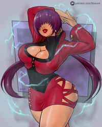 Rule 34 | 1girl, 2021, alternate form, arms behind head, arms up, artist name, ass, black shirt, blaxvel, breasts, cleavage, cleavage cutout, clothing cutout, coat, commentary, cowboy shot, curvy, earrings, electricity, english commentary, female focus, floating hair, grey background, hair between eyes, jewelry, large breasts, lips, long hair, long sleeves, miniskirt, navel cutout, out of frame, panels, parted lips, purple hair, purple shirt, purple skirt, red lips, shermie (kof), shiny skin, shirt, simple background, skin tight, skindentation, skirt, snk, solo, split ponytail, standing, stretching, teeth, the king of fighters, the king of fighters &#039;97, thick lips, very long hair, walking