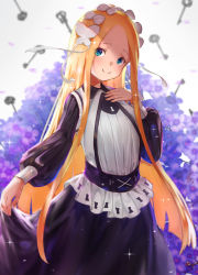 Rule 34 | 1girl, abigail williams (fate), absurdres, black dress, blonde hair, blue eyes, bow, butterfly hair ornament, closed mouth, collared dress, commentary request, dress, fate/grand order, fate (series), flower, forehead, grey background, hair bow, hair ornament, highres, key, keyhole, long hair, long sleeves, looking at viewer, parted bangs, puffy long sleeves, puffy sleeves, purple flower, shirt, skirt hold, smile, solo, sparkle, very long hair, wang man, white bow, white shirt