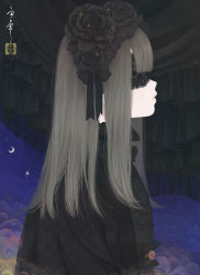 Rule 34 | 1girl, absurdres, black flower, black hairband, black kimono, black ribbon, black rose, blindfold, blunt bangs, brooch, cloud, commentary, covered eyes, crescent moon, curtains, flower, frilled curtains, frilled shirt collar, frills, from side, grey hair, hair ornament, hairband, haori, highres, japanese clothes, jewelry, kimono, lace, lolita fashion, lolita hairband, long hair, medibang paint (medium), moon, obi, obijime, original, parted lips, profile, ribbon, rose, sash, seal impression, signature, sky, solo, star (sky), starry sky, straight hair, upper body, ushiyama ame