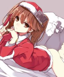 Rule 34 | 10s, 1girl, aosaki yukina, bad id, bad twitter id, bell, neck bell, bottomless, brown eyes, brown hair, head rest, collar, dutch angle, fur trim, hat, japanese clothes, jpeg artifacts, kantai collection, kariginu, looking at viewer, lying, on stomach, ryuujou (kancolle), sack, santa costume, santa hat, solo, twintails