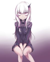 Rule 34 | 1girl, absurdres, albino, bags under eyes, between legs, black bow, black dress, bow, clenched teeth, commentary request, constricted pupils, dress, fate/grand order, fate (series), furumiya neko, gradient background, hair between eyes, hair bow, hand between legs, highres, horns, lavinia whateley (fate), long hair, long sleeves, looking at viewer, parted lips, pink eyes, polka dot, polka dot bow, short dress, single horn, sitting, solo, teeth, v arms, very long hair, white background, white hair
