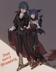 Rule 34 | 1boy, 1girl, 2017, blood, blue hair, breasts, closed mouth, dress, fayt leingod, flower, full body, gloves, happy halloween, head wings, itsuki (s2 129), long hair, maria traydor, medium breasts, red flower, red rose, rose, simple background, smile, star ocean, star ocean till the end of time, wings