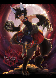 Rule 34 | 1boy, animal collar, animal ear fluff, animal ears, animal feet, animal hands, baggy pants, black shirt, blue eyes, blue pants, brown fur, brown hair, brown pants, capelet, cha kuro (limo), claws, collar, digitigrade, facial scar, fangs, full body, full moon, fur-trimmed capelet, fur trim, hair between eyes, hands up, highres, letterboxed, looking at viewer, male focus, monster boy, moon, night, night sky, notched ear, open mouth, outdoors, outside border, pants, pixiv fantasia, pixiv fantasia last saga, red background, red capelet, red collar, red sky, ringed eyes, scar, scar on cheek, scar on face, scar on shoulder, shirt, short hair, skin tight, sky, sleeveless, sleeveless shirt, solo, standing, standing on one leg, tail, tail ornament, tail ring, waist cape, wolf boy, wolf ears, wolf tail