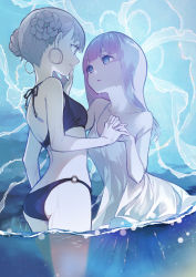 Rule 34 | 2girls, blue eyes, braid, braided bun, double bun, earrings, eye contact, finger to another&#039;s mouth, grey hair, hair bun, highres, holding hands, hoop earrings, interlocked fingers, jewelry, looking at another, medium hair, multiple girls, original, parted lips, partially submerged, pink hair, short hair, todo-akira, wet, yuri