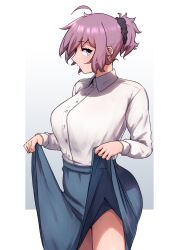 Rule 34 | 1girl, alternate costume, aoba (kancolle), clothes lift, collared shirt, dress shirt, gradient background, green eyes, grey panties, hair ornament, hair scrunchie, highres, ikadamo, kantai collection, looking at viewer, messy hair, panties, ponytail, purple hair, scrunchie, shirt, short hair, skirt, skirt lift, solo, underwear, white background, white shirt