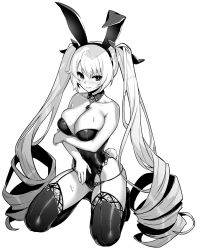 Rule 34 | 1girl, alternate costume, animal ears, arm under breasts, azur lane, azur lane: slow ahead, blush, breasts, cleavage, collarbone, drill hair, fake animal ears, greyscale, highres, hori (hori no su), jewelry, kneeling, large breasts, leotard, long hair, monochrome, nelson (azur lane), official art, panties under leotard, pendant, playboy bunny, rabbit ears, rabbit tail, strapless, strapless leotard, sweat, tail, thighhighs, twintails, white background