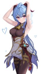 Rule 34 | 1girl, ahoge, armpits, arms up, bell, blue hair, breasts, chinese knot, cowboy shot, curled horns, ganyu (genshin impact), genshin impact, gold trim, highres, horn grab, horns, long hair, looking at viewer, medium breasts, neck bell, purple eyes, sidelocks, sleeveless, solaris (sinhyg), solo, tassel, thighlet, vision (genshin impact), white background