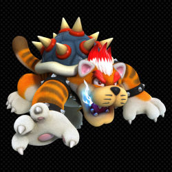 Rule 34 | 3d, absurdres, animal ears, armlet, black background, blue fire, bowser, bracelet, cat ears, cat tail, fangs, fire, forked eyebrows, full body, highres, jewelry, male focus, mario (series), meowser, nintendo, official art, orange fur, reaching, reaching towards viewer, red eyes, shell, solo, spiked armlet, spiked bracelet, spikes, striped, super mario 3d world, tail, thick eyebrows, whiskers