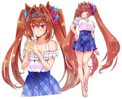 Rule 34 | 1girl, animal ears, antenna hair, blue scrunchie, blue skirt, bow, brown hair, casual, closed mouth, commentary, cropped torso, cup, daiwa scarlet (umamusume), disposable cup, drinking straw, frilled shirt, frills, hair bow, hair intakes, hair ornament, hair scrunchie, halterneck, hand on own hip, high-waist skirt, holding, holding cup, horse ears, horse girl, horse tail, long hair, looking at viewer, miniskirt, multiple views, off-shoulder shirt, off shoulder, plaid, plaid skirt, pleated skirt, purple bow, red eyes, sandals, scrunchie, shirt, simple background, skirt, smile, standing, suzuki24, tail, tiara, twintails, umamusume, very long hair, white background, white footwear, white shirt