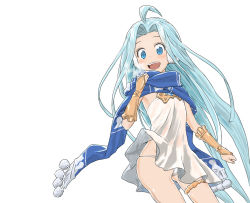 Rule 34 | 1girl, :d, blue eyes, blue hair, dress, earmuffs, granblue fantasy, long hair, looking at viewer, lyria (granblue fantasy), oni b, open mouth, panties, scarf, simple background, smile, solo, underwear, white background
