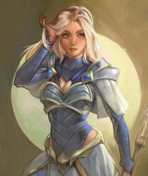 Rule 34 | 1girl, blonde hair, blue eyes, blue hairband, breasts, capelet, cleavage, closed mouth, cowboy shot, gem, hairband, hand in own hair, hand up, highres, holding, holding staff, league of legends, long hair, lux (league of legends), medium breasts, shoulder plates, sideways glance, skirt, smile, solo, staff, stnpnk, white capelet, white skirt
