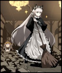 Rule 34 | + +, 2girls, :|, absurdres, animal ears, apron, black border, black capelet, black dress, blonde hair, blue eyes, book, border, borrowed character, breasts, broom, capelet, cat ears, cleavage, closed mouth, dress, earrings, gloves, gogalking, hands up, highres, holding, holding broom, horns, jewelry, long hair, long sleeves, looking at viewer, maid, maid apron, maid headdress, multiple girls, original, pointy ears, purple eyes, solo focus, urushia (okame nin), very long hair, white apron, white gloves, white hair, yellow pupils