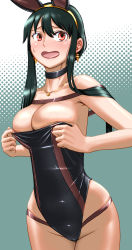 Rule 34 | 1girl, alternate costume, bare shoulders, black choker, black hair, black leotard, blush, breasts, choker, ear blush, earrings, embarrassed, furrowed brow, gold earrings, gold hairband, gold necklace, green background, groin, hadairo rainbow, hairband, highres, jewelry, large breasts, leotard, leotard tug, long hair, looking to the side, looking up, necklace, open mouth, playboy bunny, raised eyebrows, red eyes, short hair with long locks, sidelocks, skindentation, solo, spy x family, strapless, strapless leotard, sweatdrop, thighs, wide hips, yor briar