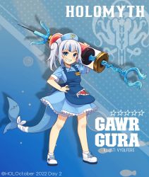 Rule 34 | 1girl, apron, artist name, bandages, blue eyes, blue hair, commentary, dress, english commentary, english text, fins, fish tail, gawr gura, grey hair, hat, highres, holding, holding syringe, hololive, hololive english, large syringe, looking at viewer, multicolored hair, name tag, nurse, nurse cap, oversized object, shark girl, shark tail, sharp teeth, shoes, short sleeves, side ponytail, skirt, smile, sneakers, solo, stitches, streaked hair, syringe, tail, teeth, virtual youtuber, vyolfers, white footwear