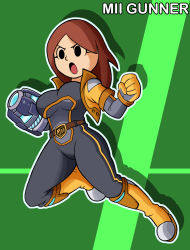 Rule 34 | 1girl, absurdres, arm cannon, belt, belt buckle, black bodysuit, black eyes, bodysuit, boots, breasts, brown belt, brown hair, buckle, character name, clenched hand, english text, eyelashes, gloves, green background, groin, hands up, highres, jacket, knee boots, legs, long sleeves, medium breasts, medium hair, midair, mii (nintendo), mii gunner, nintendo, open clothes, open jacket, open mouth, outline, outstretched arms, pedrocorreia, popped collar, short sleeves, silhouette, sleeves rolled up, solid eyes, solo, super smash bros., thighs, v-shaped eyebrows, weapon, white outline, yellow footwear, yellow gloves, yellow jacket