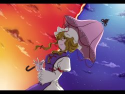 Rule 34 | 1girl, blonde hair, cloud, day, day and night, dress, frilled sleeves, frills, from side, hat, hat ribbon, letterboxed, long sleeves, matching hair/eyes, mm17, mob cap, moonlight, night, night sky, orange sky, outdoors, parasol, purple sky, red sky, ribbon, short hair with long locks, sidelocks, sky, split image, standing, star (sky), starry sky, sunset, tabard, touhou, twilight, umbrella, upper body, white sleeves, wide sleeves, yakumo yukari, yellow eyes