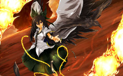Rule 34 | &gt;:(, 1girl, arm cannon, bad id, bad pixiv id, bird, bird wings, black hair, black wings, bow, cape, crow, dutch angle, fire, frown, hair bow, highres, puffy short sleeves, puffy sleeves, red eyes, reiuji utsuho, serious, short sleeves, solo, touhou, tsurime, tsuzuku (hayamisyoto), v-shaped eyebrows, weapon, wings