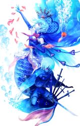 Rule 34 | 10s, 1girl, apple, arm up, blood, blue hair, bow, bubble, cape, crown, dagger, daizo, elbow gloves, fish, food, frills, fruit, futsuka (dzone), gloves, goldfish, grief seed, highres, kneeling, knife, magic circle, magical girl, mahou shoujo madoka magica, mahou shoujo madoka magica (anime), mermaid, miki sayaka, mini crown, monster girl, musical note, oktavia von seckendorff, outstretched arm, red eyes, short hair, skirt, solo, soul gem, spoilers, sword, thighhighs, underwater, weapon, white thighhighs